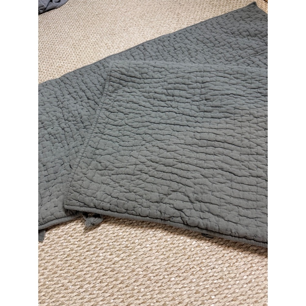 Pottery Barn King Pillow Sham Pair Gray Cotton Linen Pick Stitch Quilted